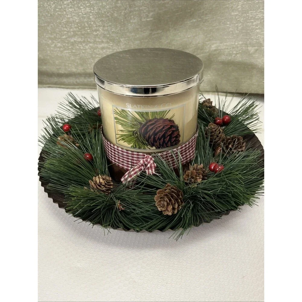 Slatkin & Co Pine Candle Table Decor Candle 4x4” Plate 9x9” Holiday Christmas